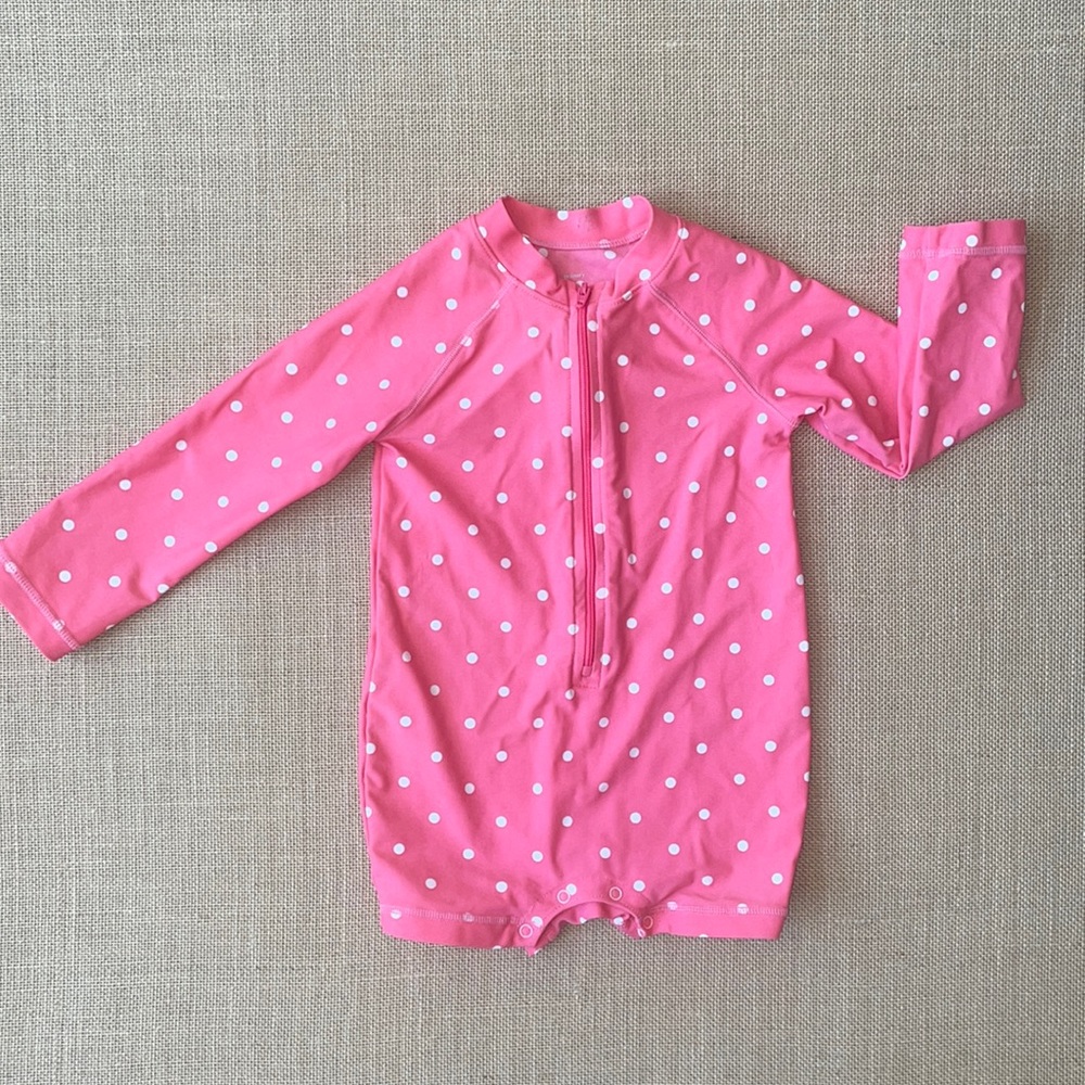 EUC Primary coral with dots UPF 50+ rash guard swimsuit recycled nylon